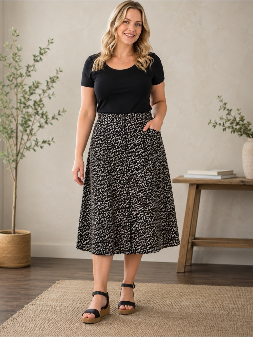 Vintage INC International Concepts Black Floral Button Front Midi Skirt Size 12